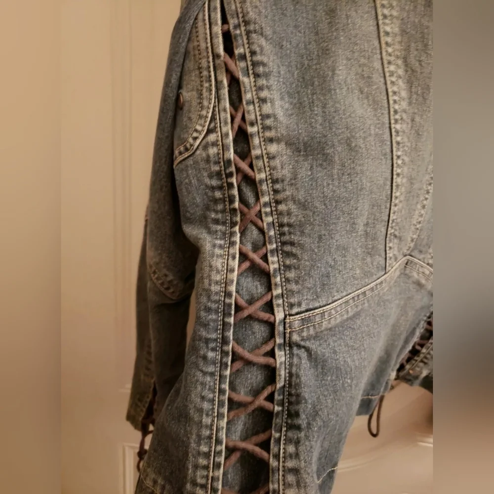 Elie Tahari Corset Lace Up Red Piped Denim Jacket Size Large - Picture 5 of 13